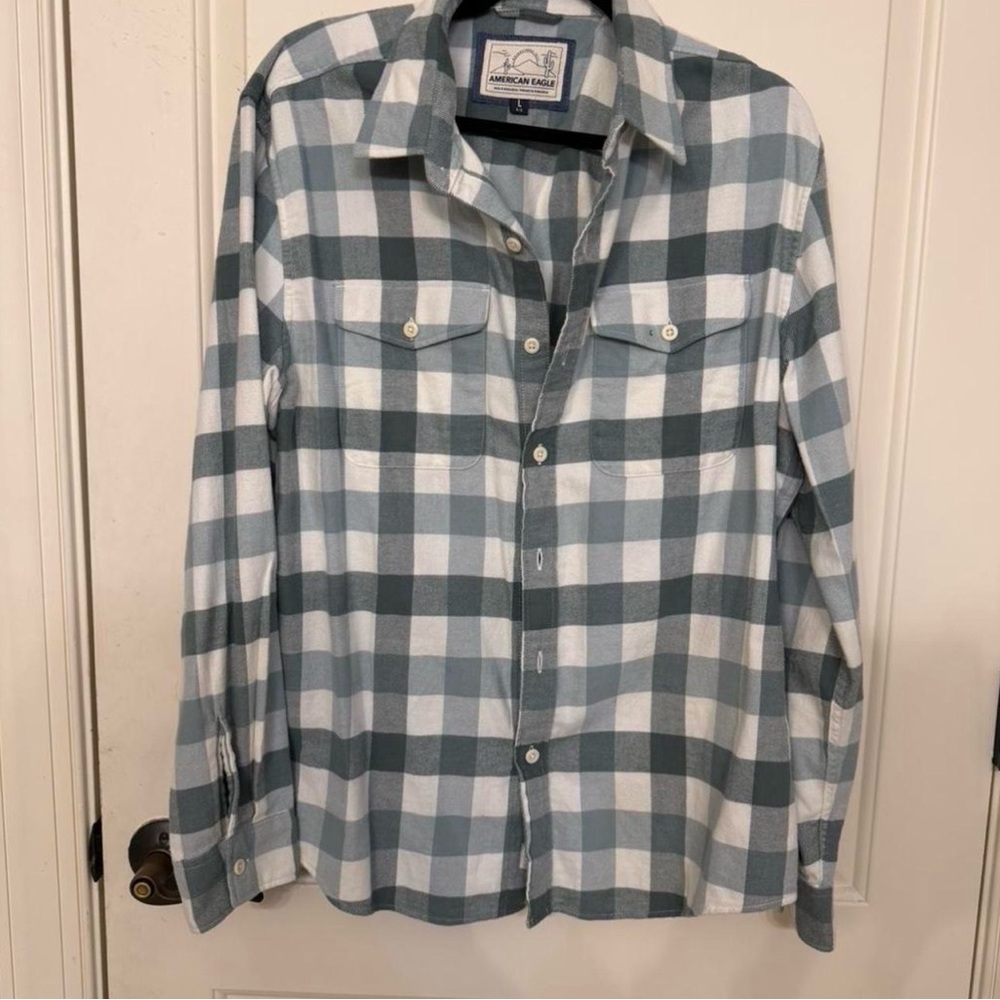 American Eagle Outfitters Men's Green and White Checkered Shirt